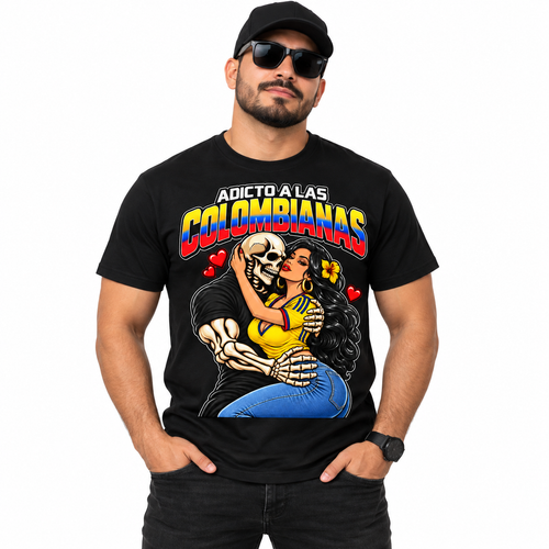 Hispanic male model wearing Adicto a las Colombianas T-shirt