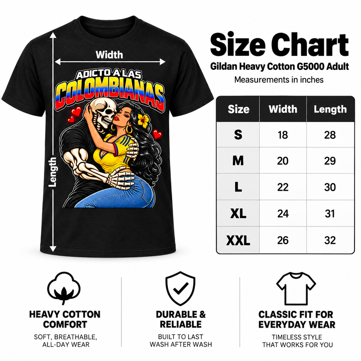 Gildan G5000 size chart for Adicto a las Colombianas T-shirt