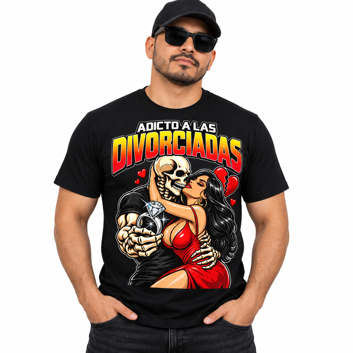 Hispanic male model wearing Adicto a las Divorciadas T-shirt