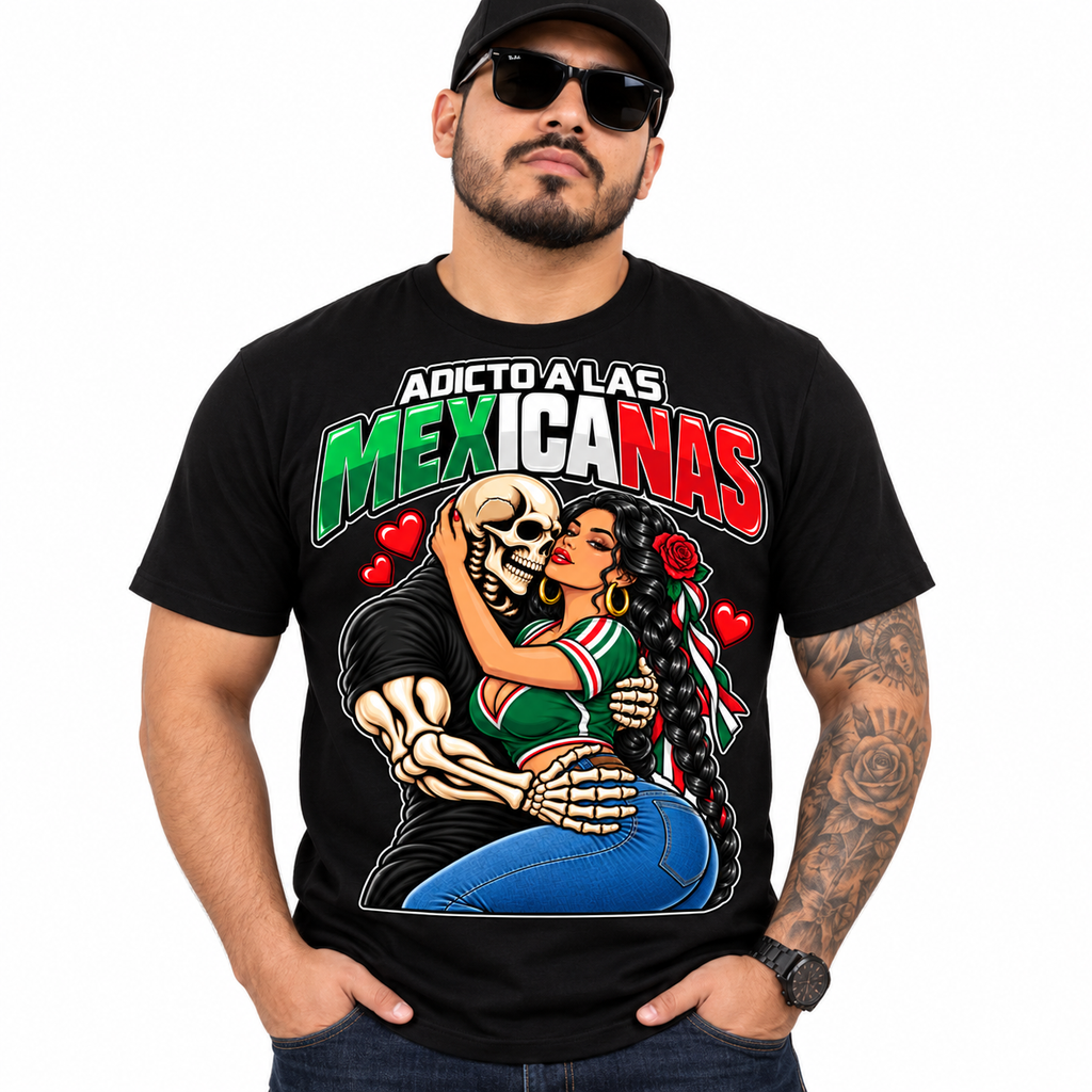 Hispanic male model wearing Adicto a las Mexicanas T-shirt