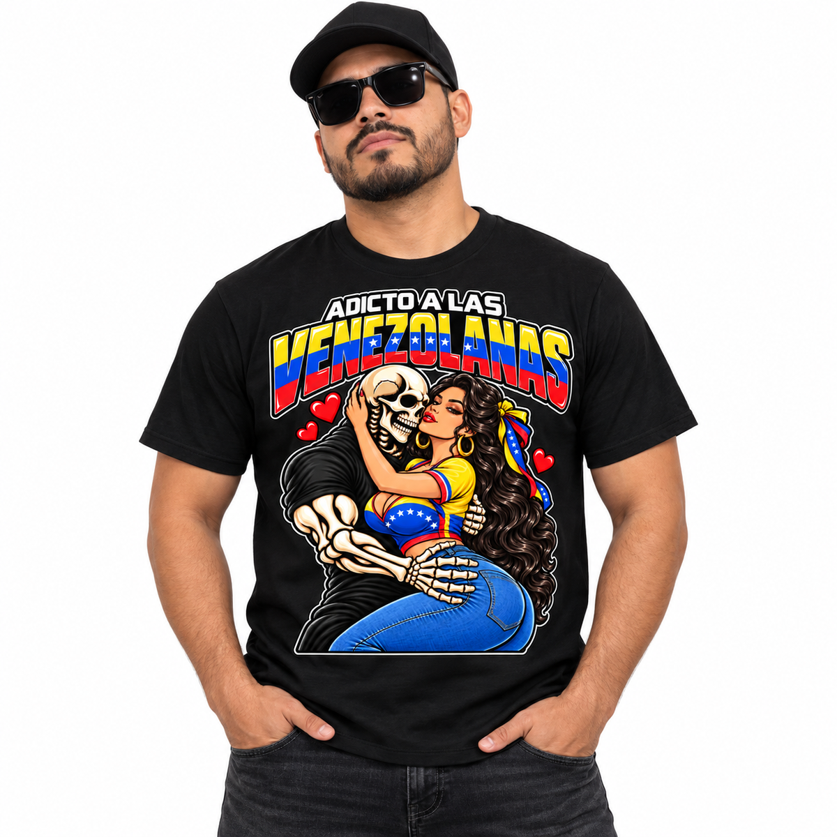 Hispanic male model wearing Adicto a las Venezolanas T-shirt