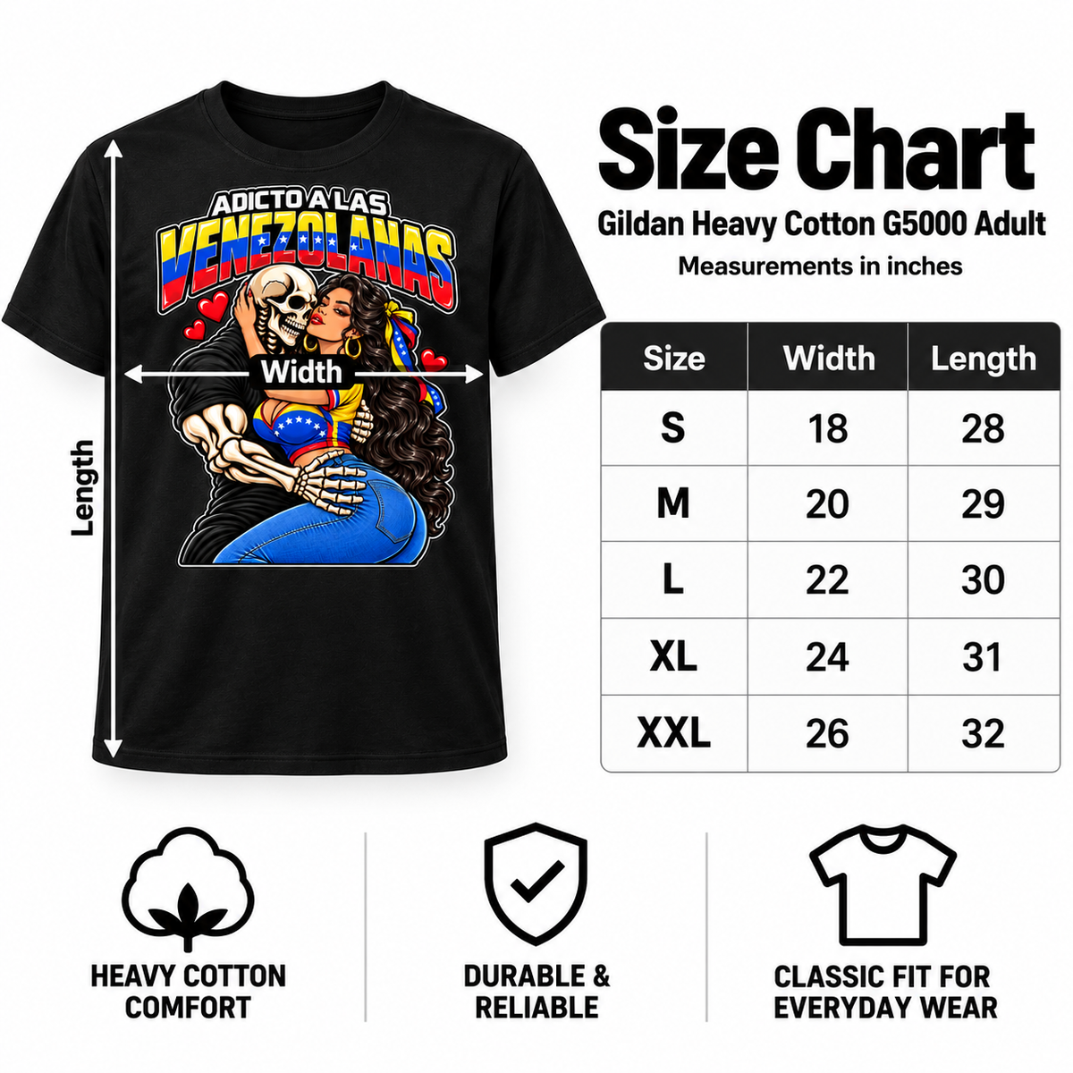 Gildan G5000 size chart for Adicto a las Venezolanas T-shirt